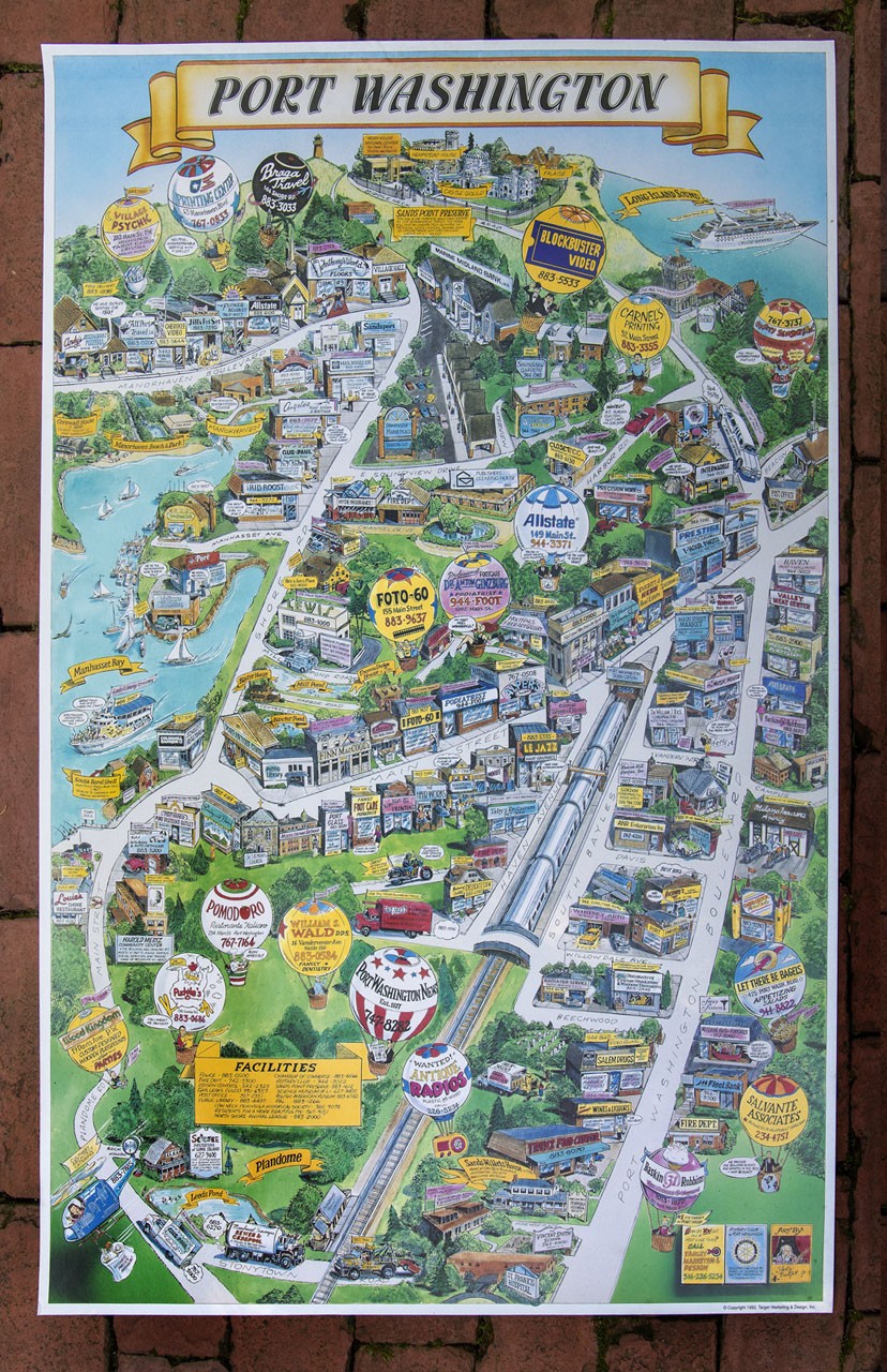 PORT WASHINGTON LONG ISLAND Illustrated Cartoon Map 1992 - 