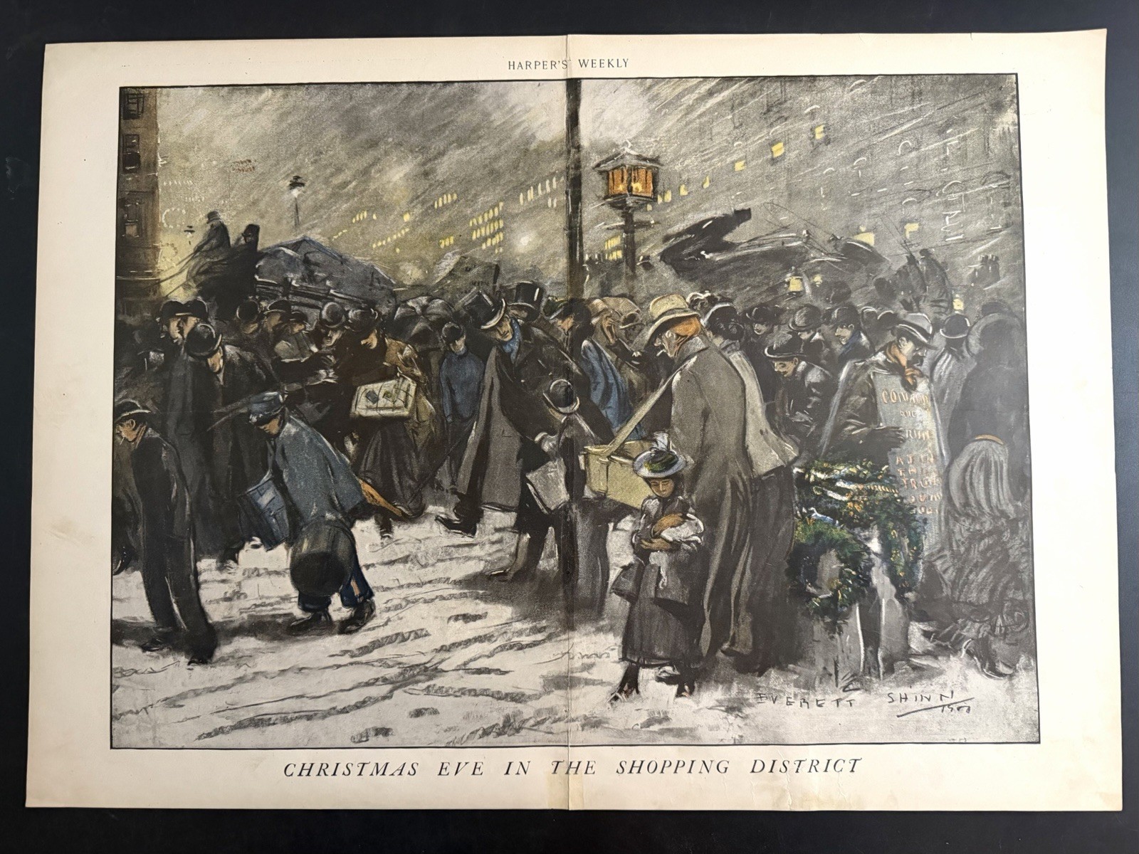 1900  EVERETT  SHINN CHRISTMAS  EVE NEW YORK CITY HARPER’S WEEKLY.