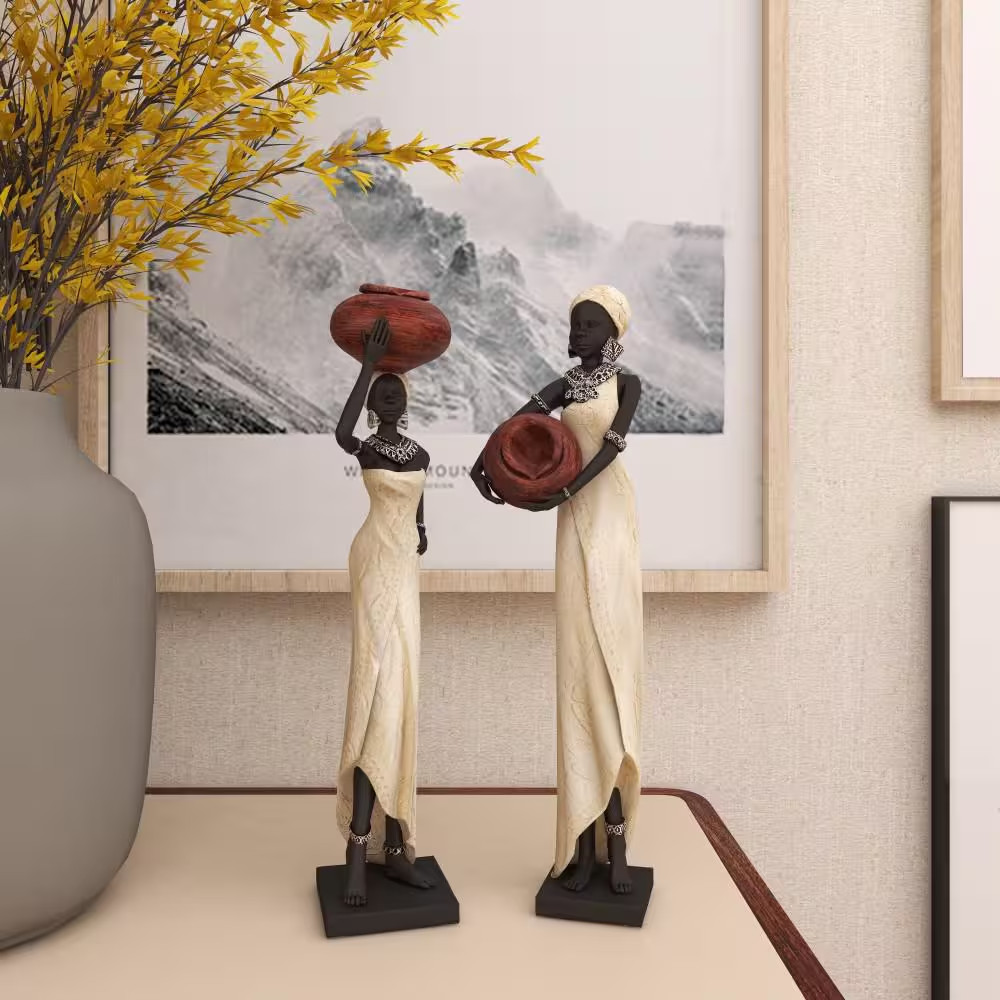 Cream Polystone Standing African Woman Sculpture with Red Water Pots and Black B