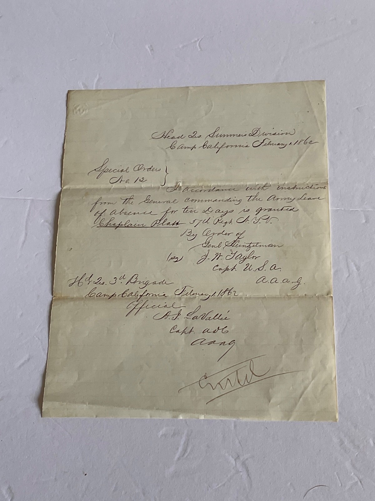 CIVIL WAR ORDER CAMP CALIFORNIA 1862 SUMMER’S DIV. CHAPLAIN GRANTED LEAVE 57h NY