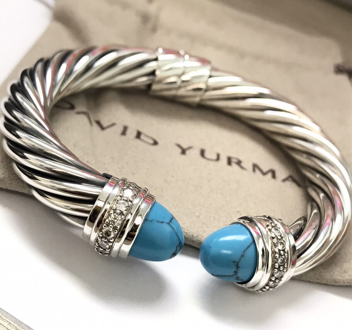 David Yurman Sterling Silver 10mm Cable Bracelet Turquoise & Diamonds Size M
