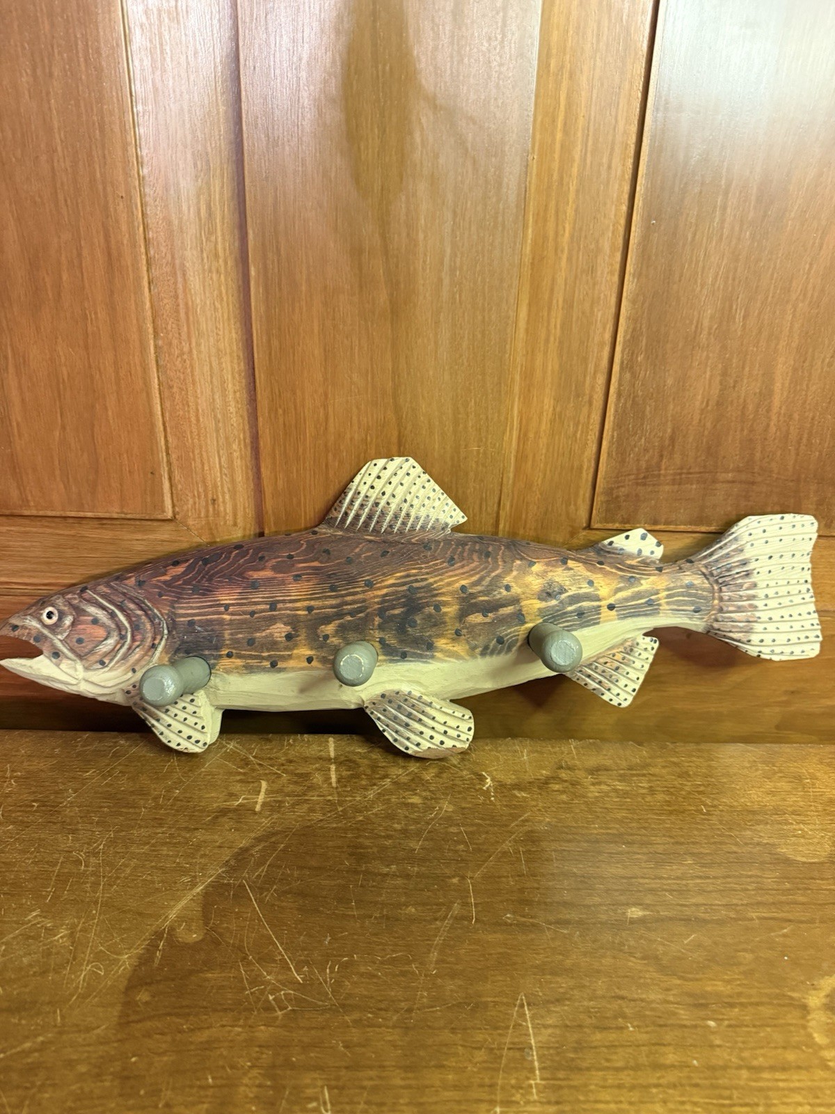 Wood Carved Painted Rainbow Trout Wall Hanger With Knobs Wood Carved Painted Rainbow Trout Wall Hanger With Knobs