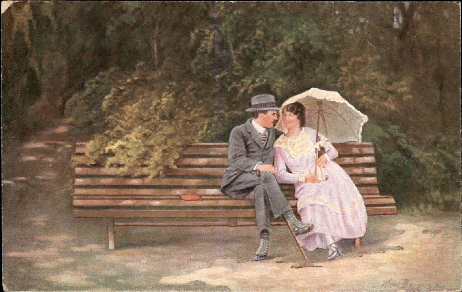 Park Bench Lovers Romance A. Sch. & Co., B.-Sch. c1900s-10s Vintage Postcard