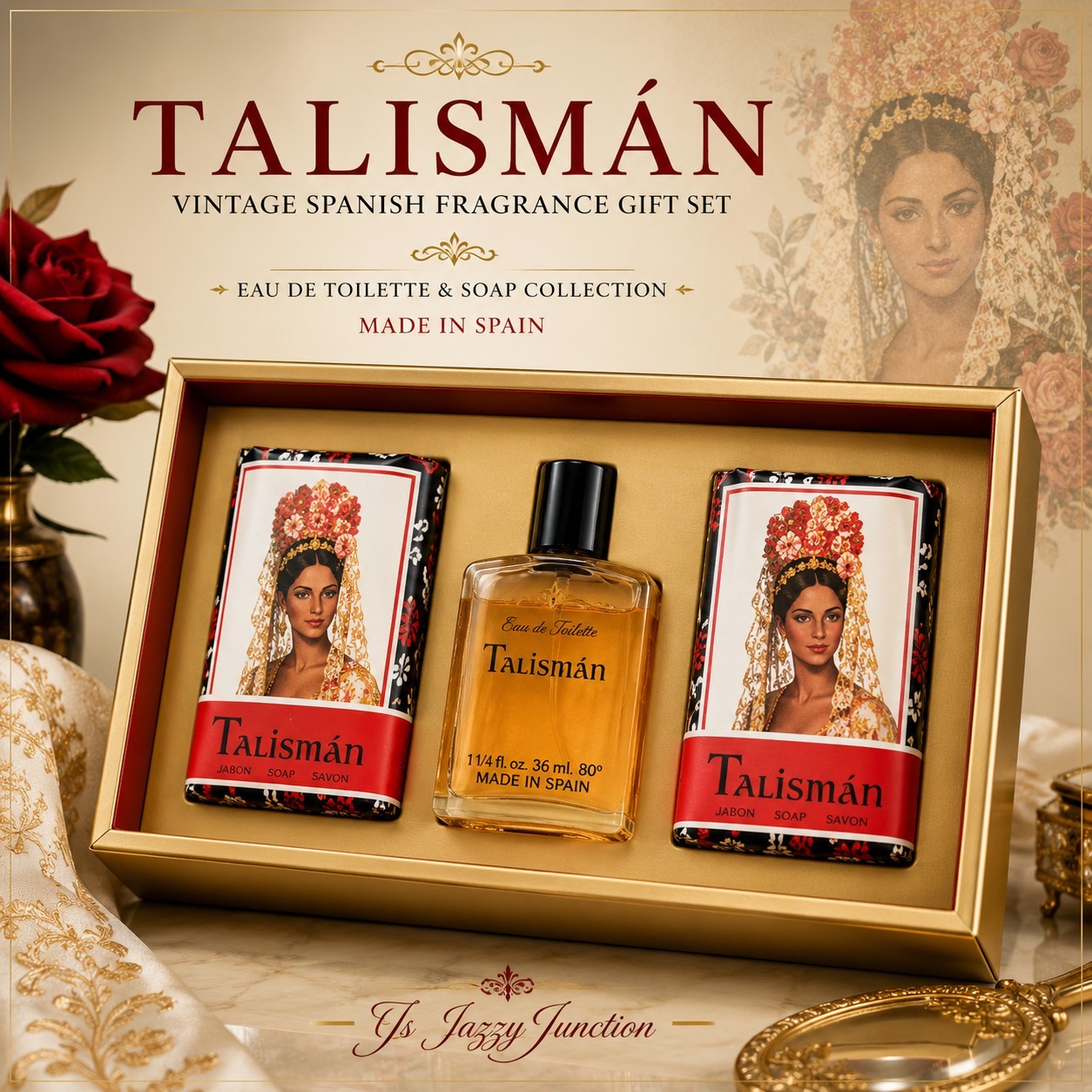 Vintage Myrurgia Talisman Eau De Toilette 1.25oz & 2 Soap Gift Set Spain RARE OS