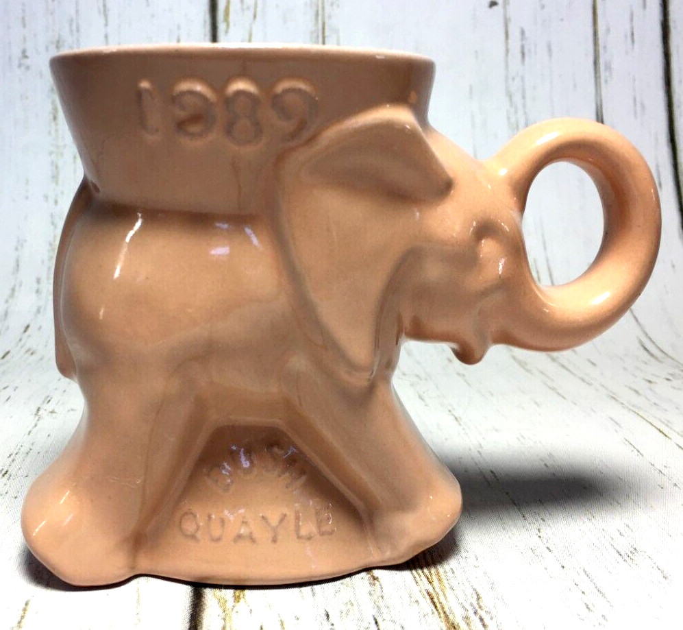 1989 Frankoma Pottery Peach Elephant Collectible Mug  GOP Bush Quale