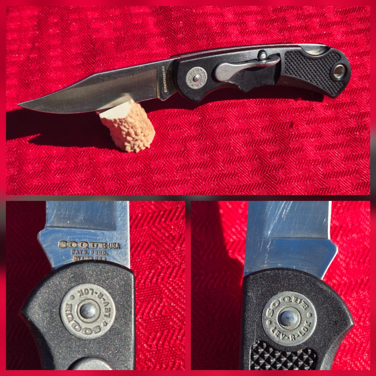Rare Vintage SOQUE River Knives LEV-R-LOK One-Handed Folder Lever Knife USA EUC