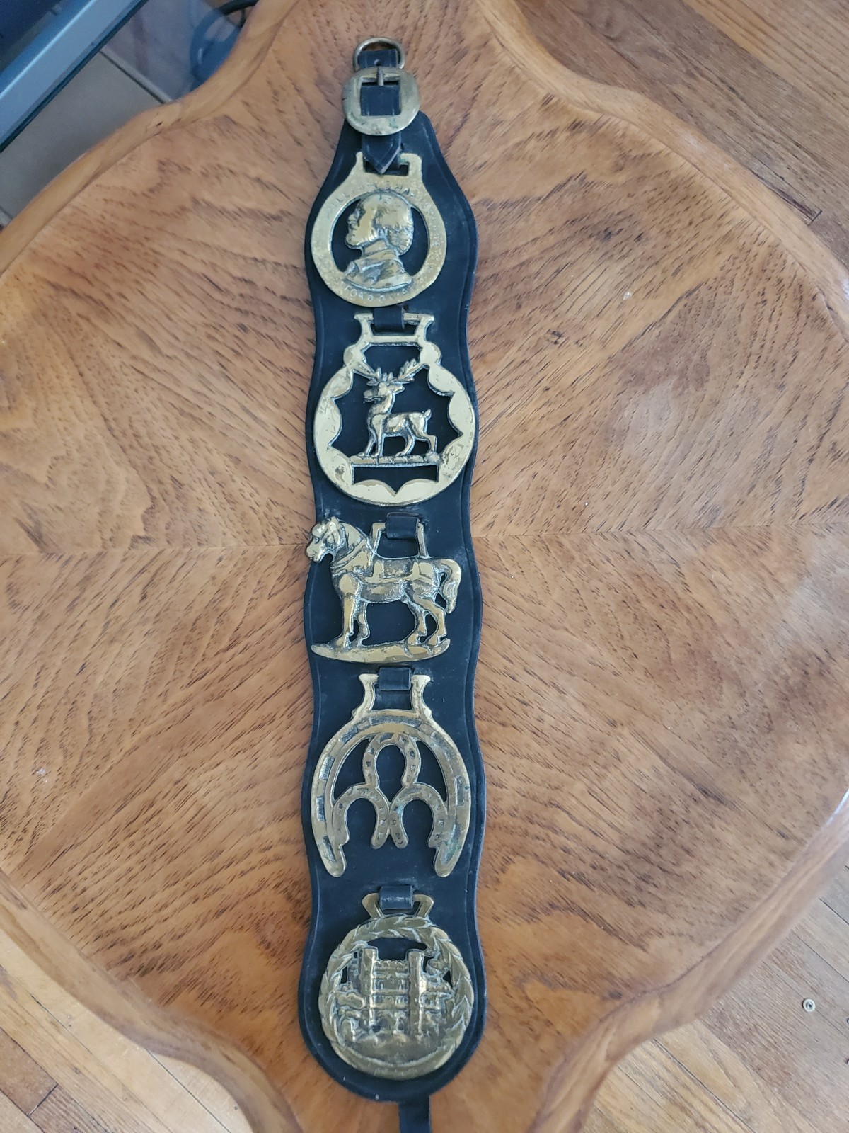 Vintage Brass Leather Horse Martingales Draft Horse 5 Display Medallions