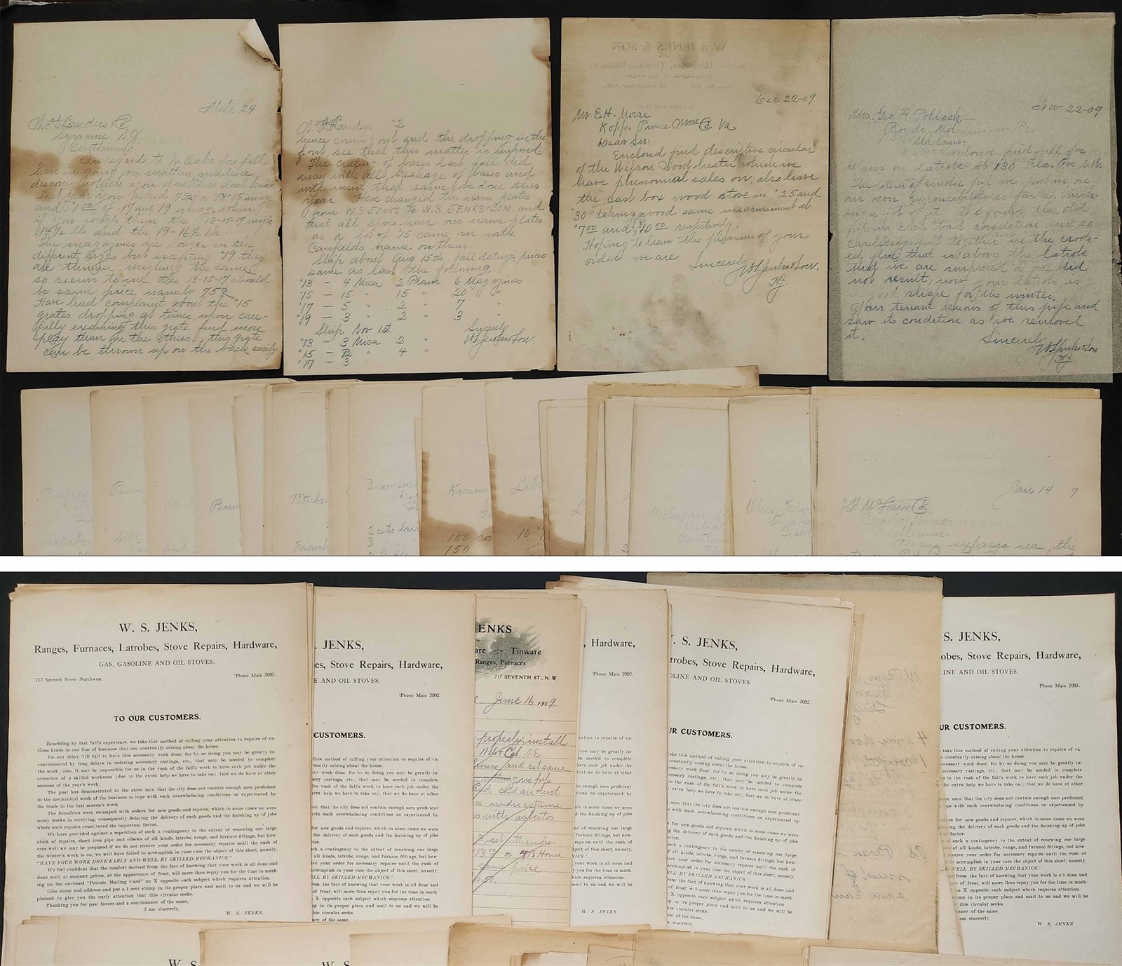 1909 antique W S JENKS washington dc BUSINESS LETTERS ad BROADSIDES LOT 65+ pcs