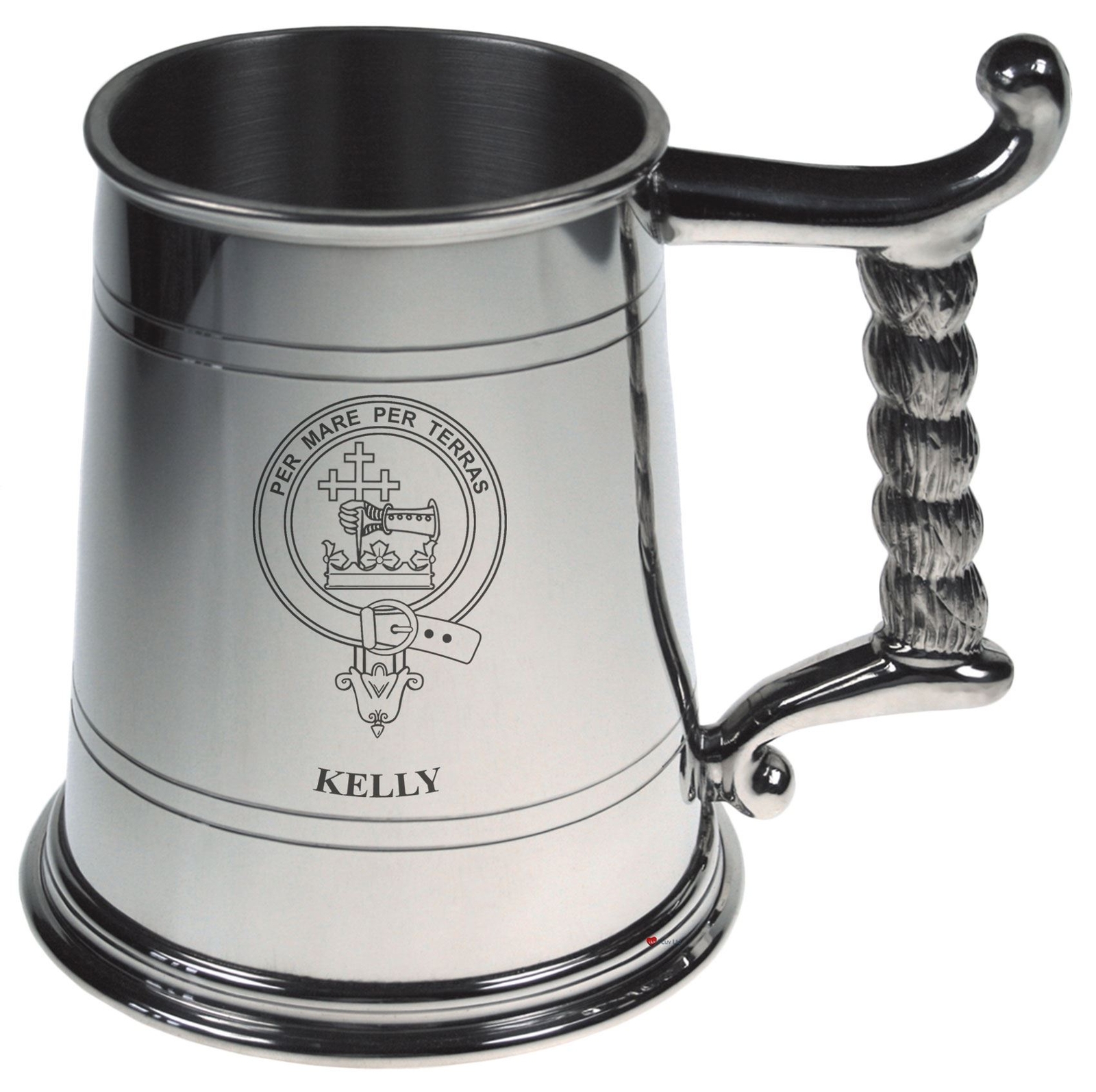 Kelly Crest Tankard with Rope Handle in Polished Pewter 1 Pint Capacity