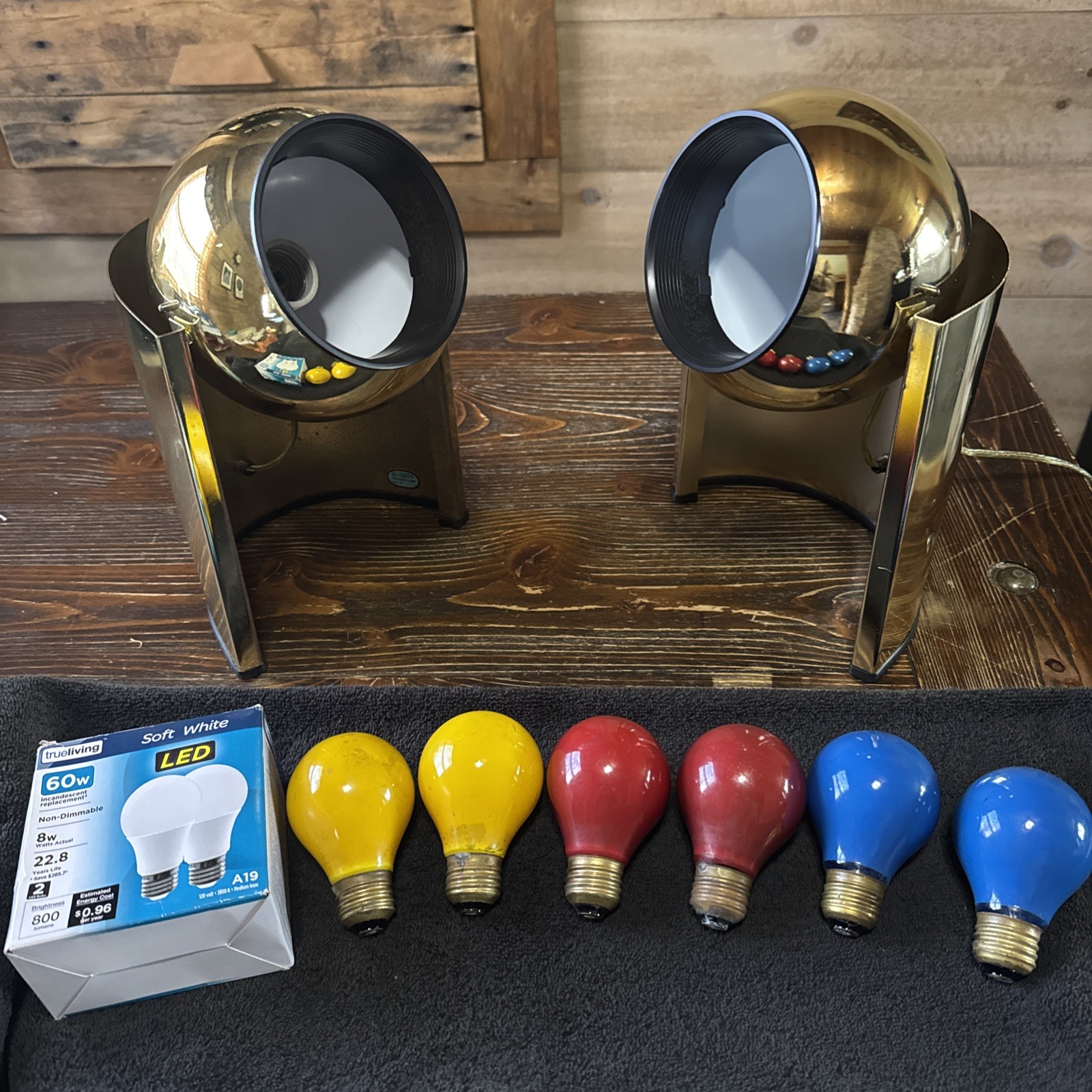 Vintage 1970s Brass Eyeball Lamps Pair MCM Table Lights Space Age W 2 Bulbs