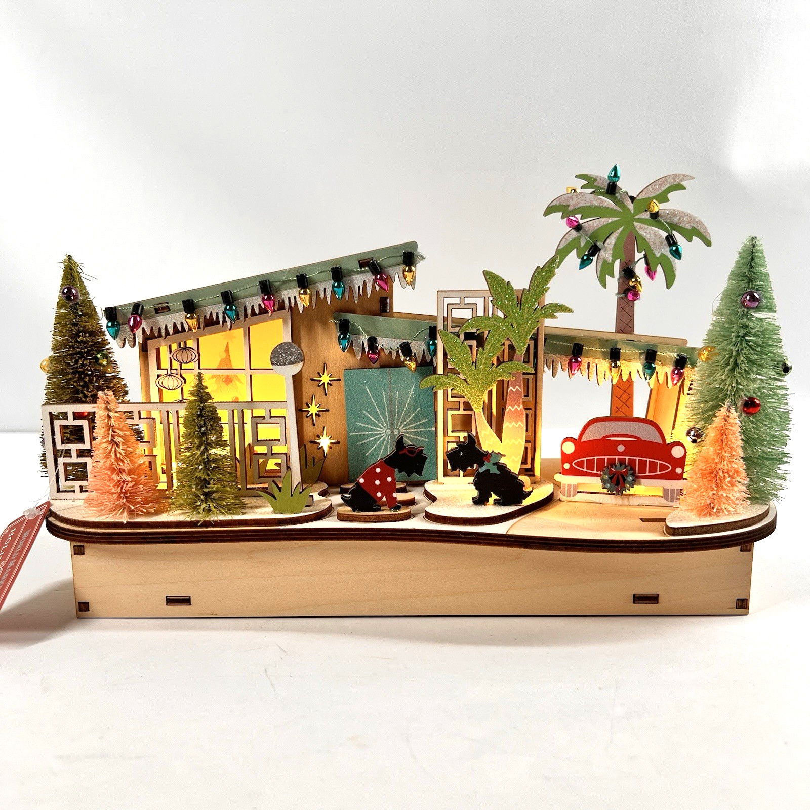 World Market 2022 HOUSE WITH CARPORT Mid Century Christmas MCM Wood LED Scotties