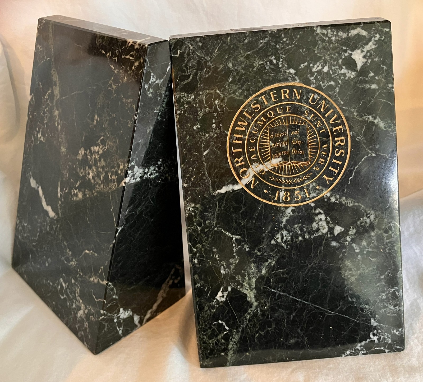 Vintage Etched Northwestern University 1851 Quaecumque Sunt Vera MARBLE BOOKENDS