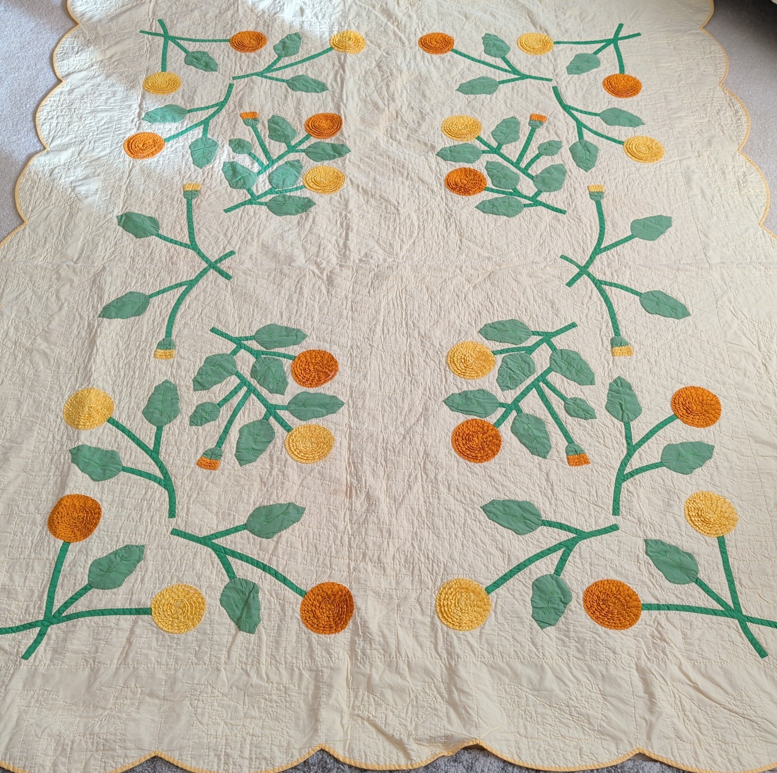 Vtg 30s 40s Applique Quilt Chrysanthemum Mums Rick Rack Flowers Scalloped 65x78 