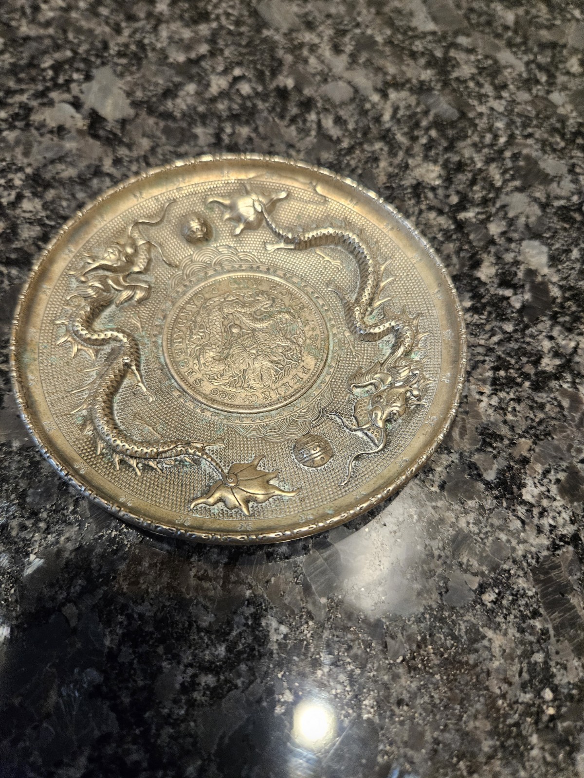 Vintage Chinese Trinket Dish Embossed Imperial Dragon Plate 4\