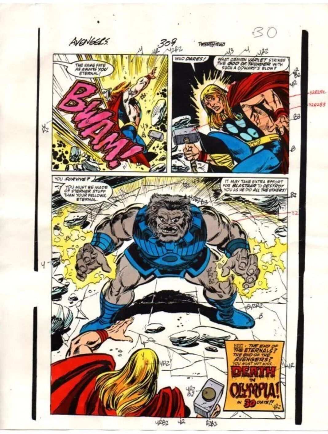 Original 1989 Thor Avengers 309 color guide art, Marvel comic production artwork
