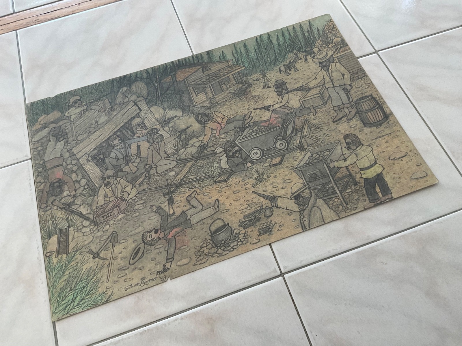 California Gold Rush Mine Mining Miners Ore Cart Claim Jumpers Pencil Drawing