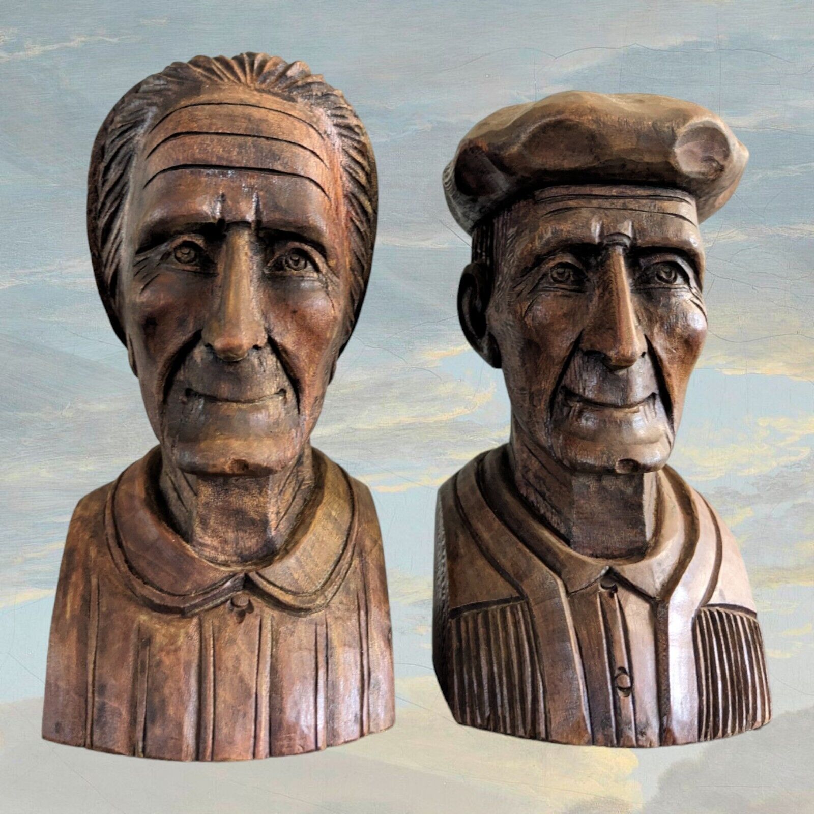 Vintage Folk Art  Hand Carved Wood Bookends Old Basque Couple Man And Woman 