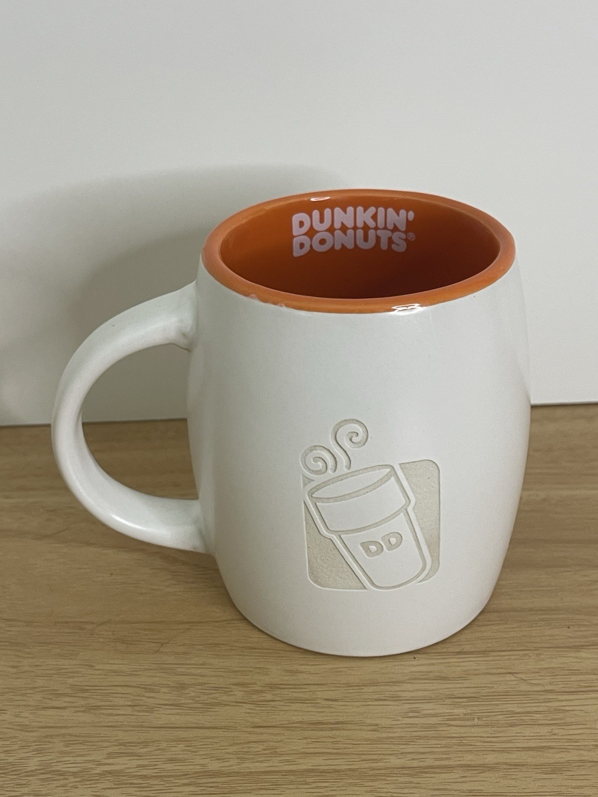 Dunkin Donuts 2012 Coffee Mug 14oz White Orange Ceramic Etched 3D Embossed Logo
