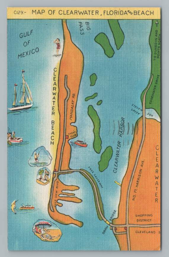 Vintage CLEARWATER BEACH Map Postcard ~ Florida Linen Pinellas County 1953