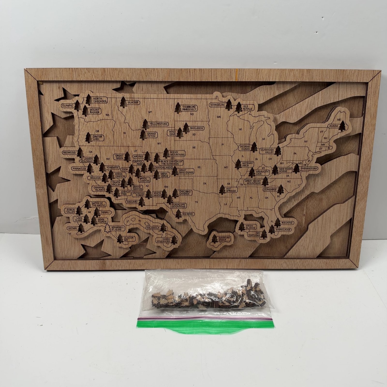 Wooden US National Parks Map Tracker Wall Art with Tree Markers Layered Wood Map