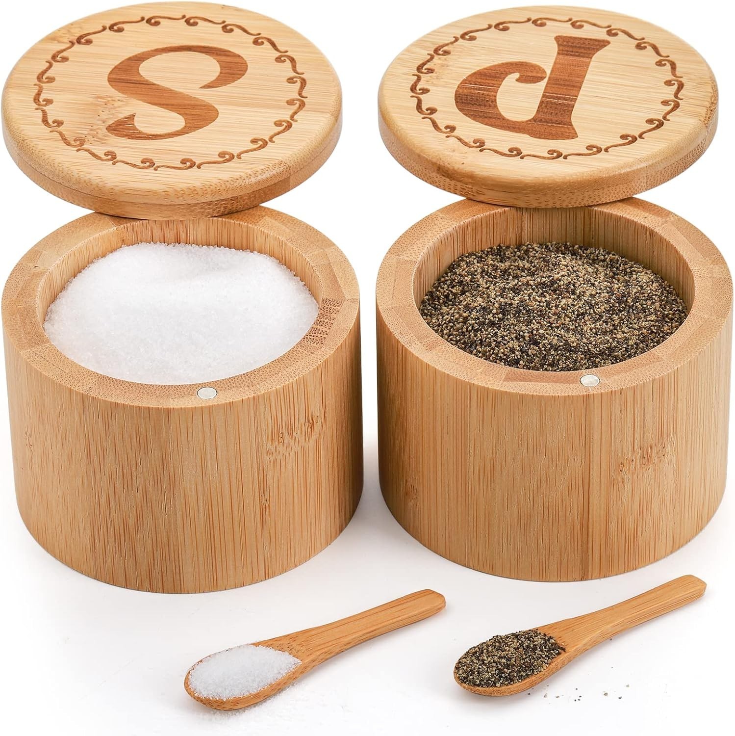 2 Pack Bamboo Salt and Pepper Holder Box with Spoons - 6 Oz Capacity