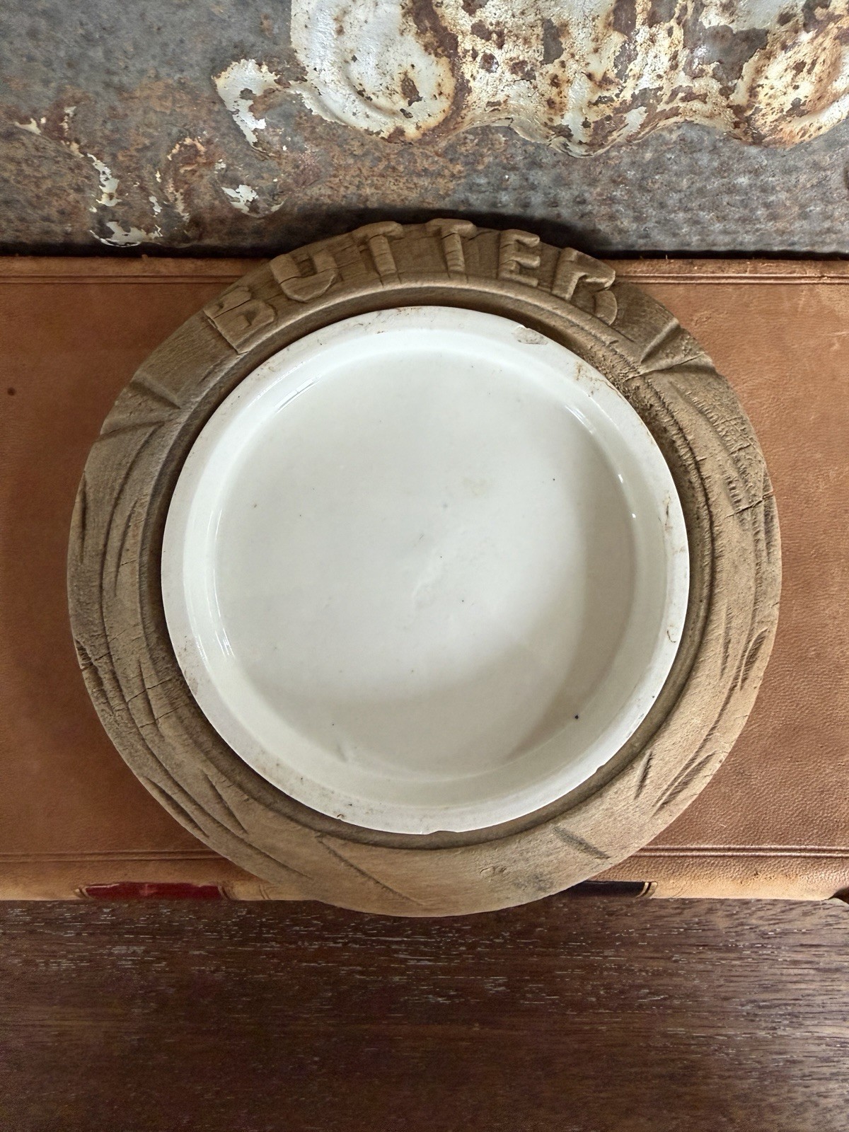 Vintage English Carved Wood Butter Board with an Ironstone Insert