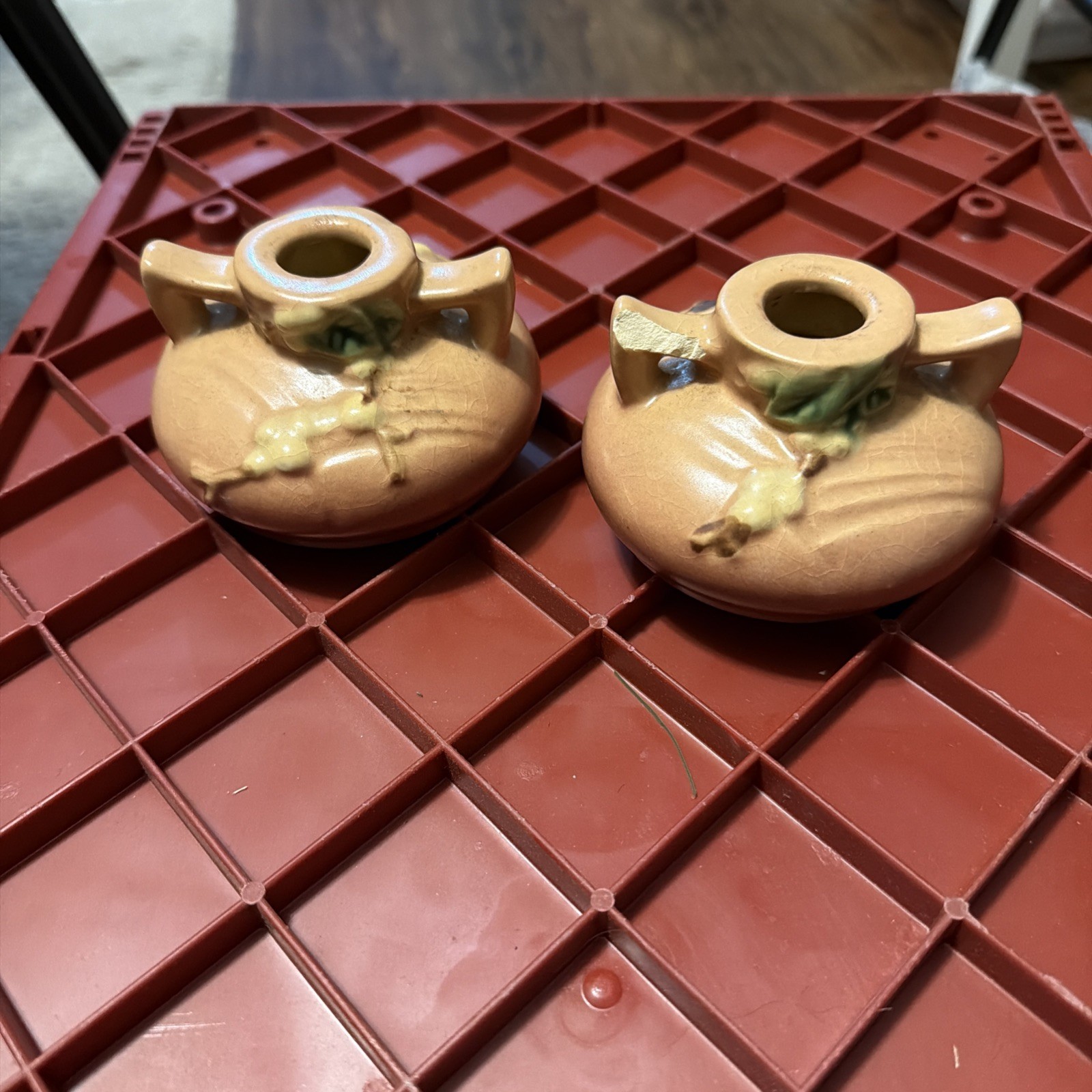 Antique Roseville Snowberry rose candlestick holders 1CS-1 made in 1946, 