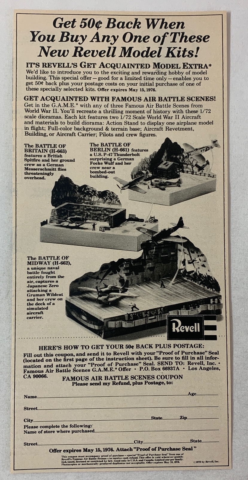1976 Revell model kits ad ~ FAMOUS AIR BATTLE SCENES ~ Britain, Berlin, Midway 1976 Revell model kits ad ~ FAMOUS AIR BATTLE SCENES ~ Britain, Berlin, Midway