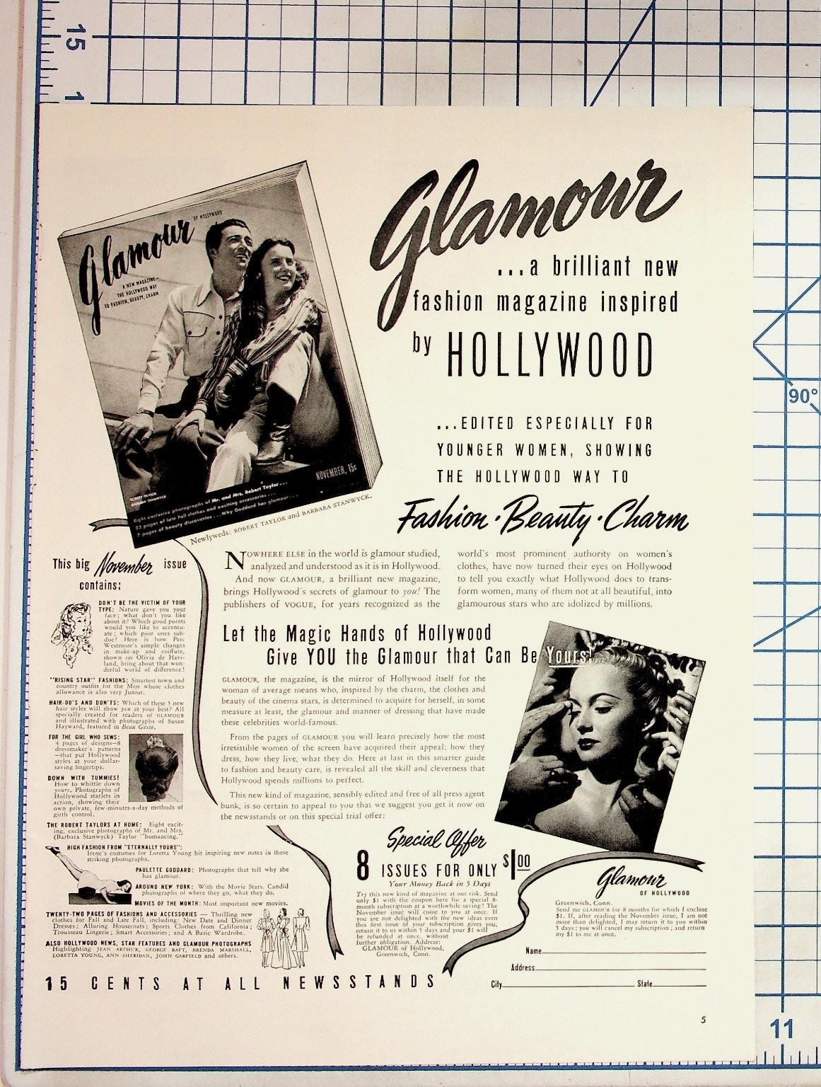 Vintage Glamour Magazine Ad 1939 Hollywood Fashion Robert Taylor Barbara