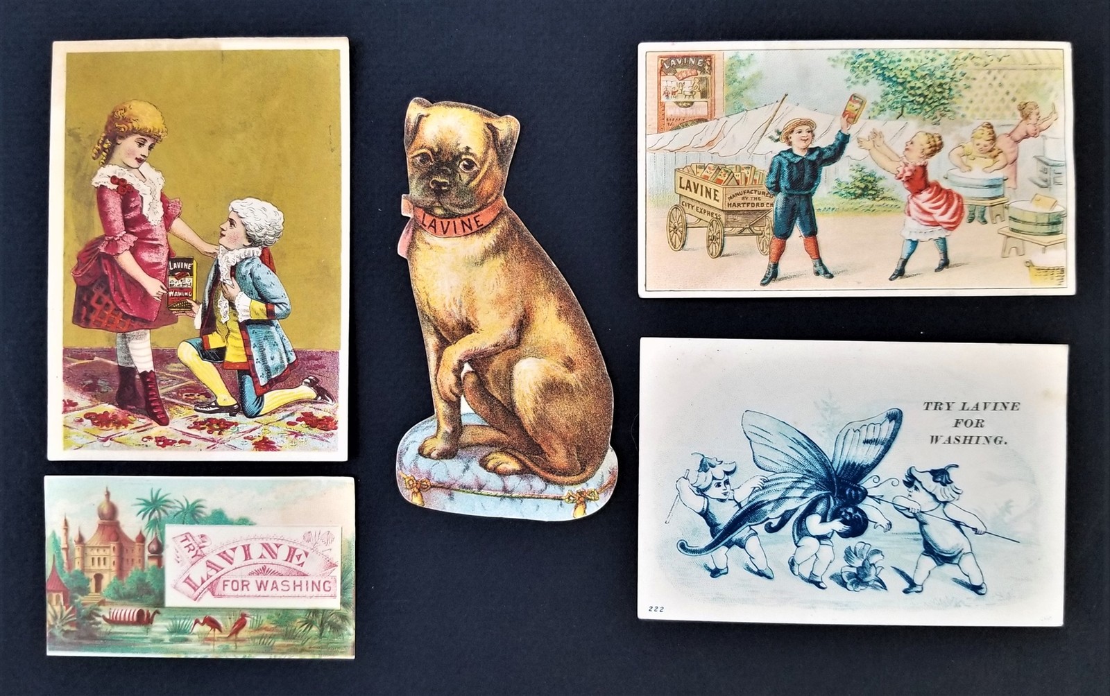 LOT 1880 antique 5pc LAVINE WASHING SOAP victorian TRADE CARD SET dog die cut