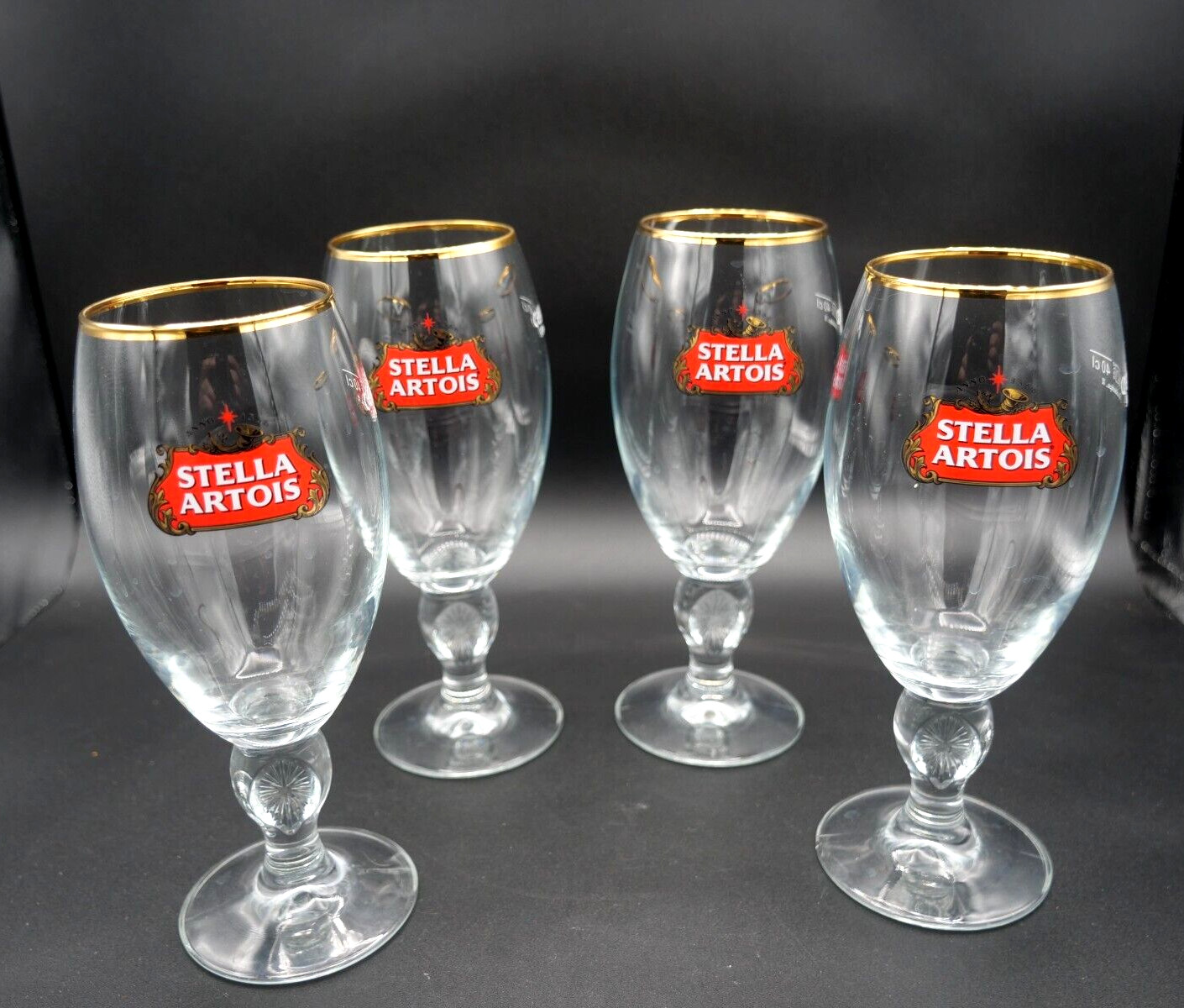Set of 4 Stella Artois 33CL Gold Rimmed Beer Glasses Chalices NEW ( NO BOX )
