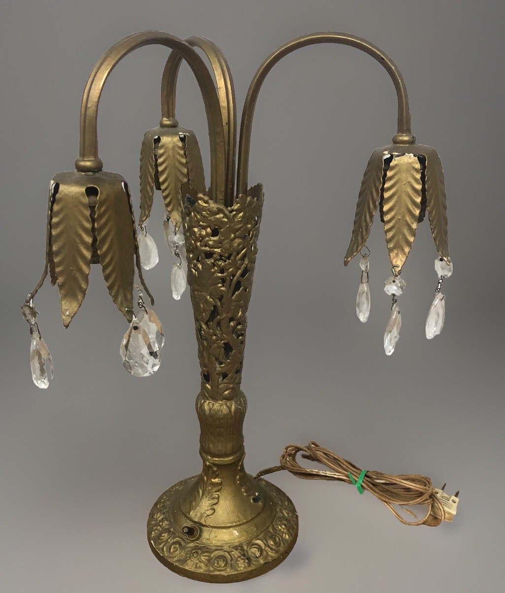Vintage Art Nouveau 3-Light Tulip Table Lamp Ornate Base Brass Metal w/ Crystals