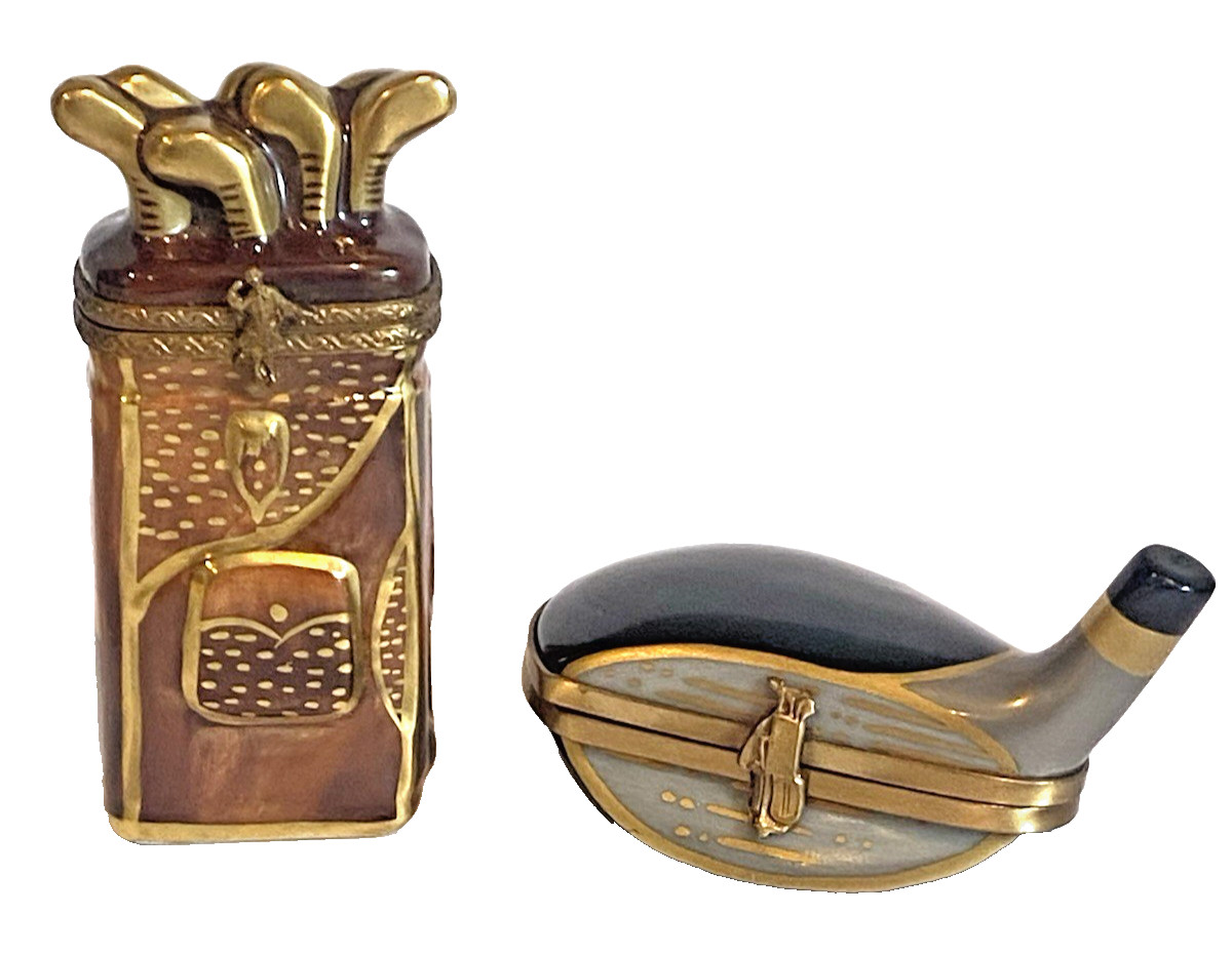 2-PR LIMOGES PEINT MAIN Trinket Box-PARRY VIEILLE GOLF BAG w/CLUBS & CLUB HEAD