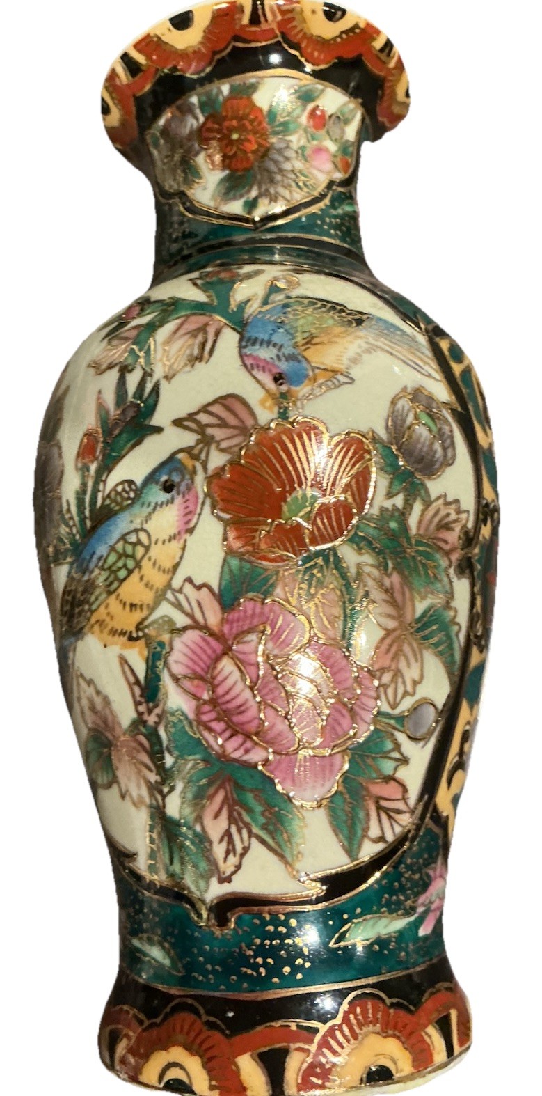 Gorgeous Vintage Japanese Satsuma Moriage Gilt Floral W/ Birds Nature Vase 8” Gorgeous Vintage Japanese Satsuma Moriage Gilt Floral W/ Birds Nature Vase 8”
