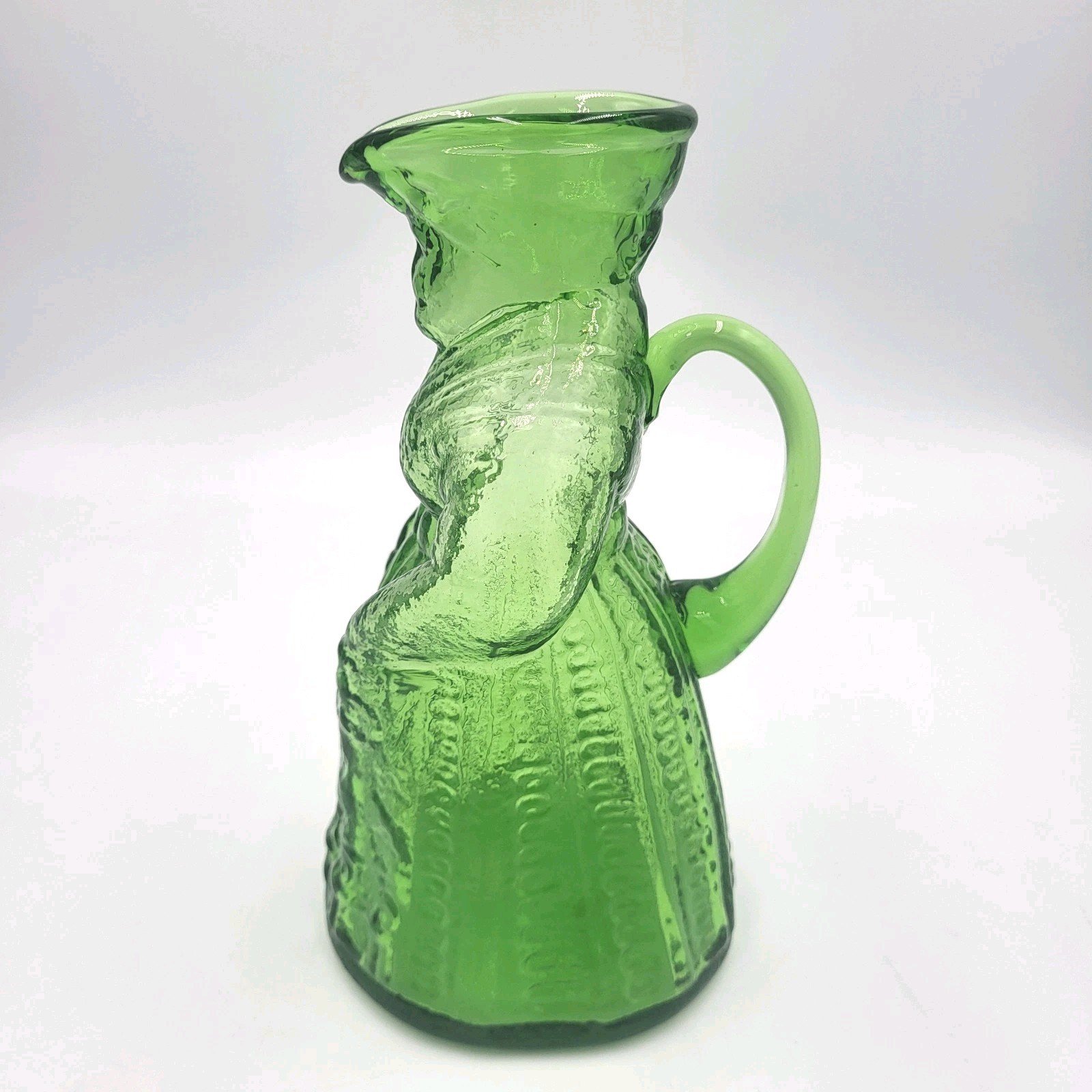 Vintage Kanawha Green Art Glass Colonial Lady Pitcher w/ Handle, 6.75