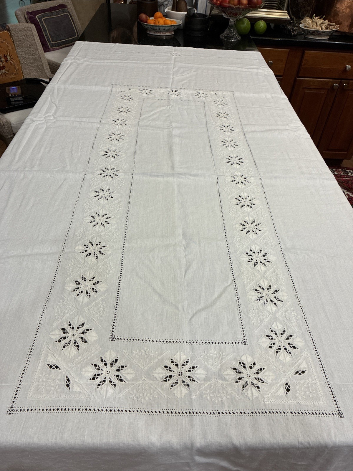 Vintage Linen Tablecloth White Hand Embroidered Floral 96”x 70”. With 12 Napkins