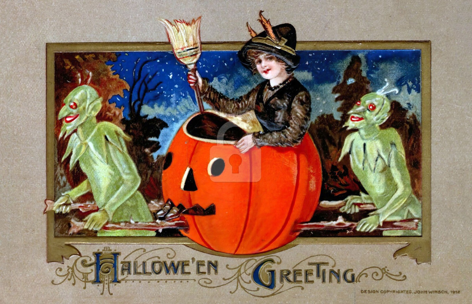 Halloween, Halloween Greetings Witch & Goblins Vintage Reproduction Postcard