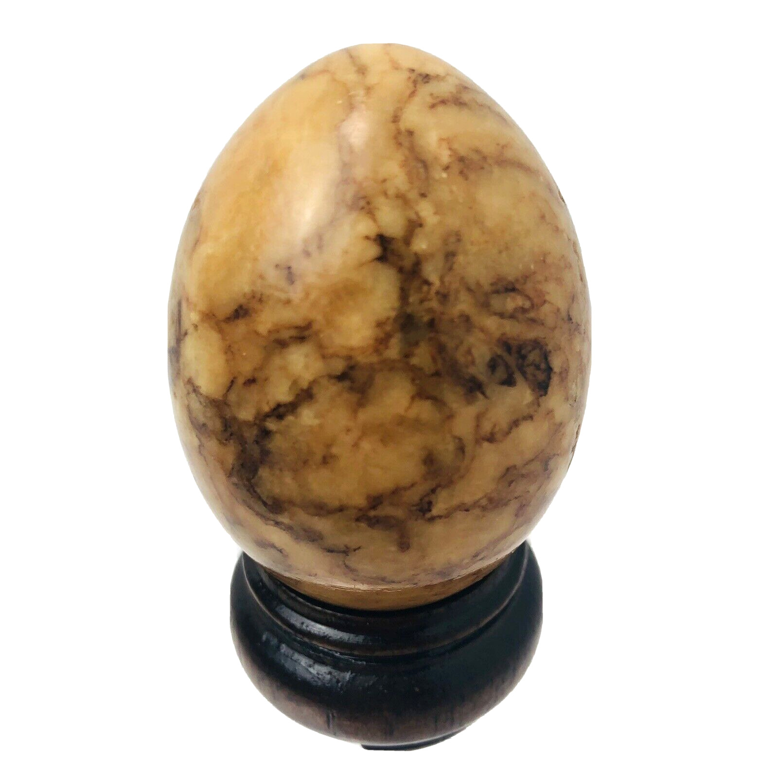 Vintage Polished Natural Stone Tan Brown  Egg Granite Marble Mottled w Wood Base