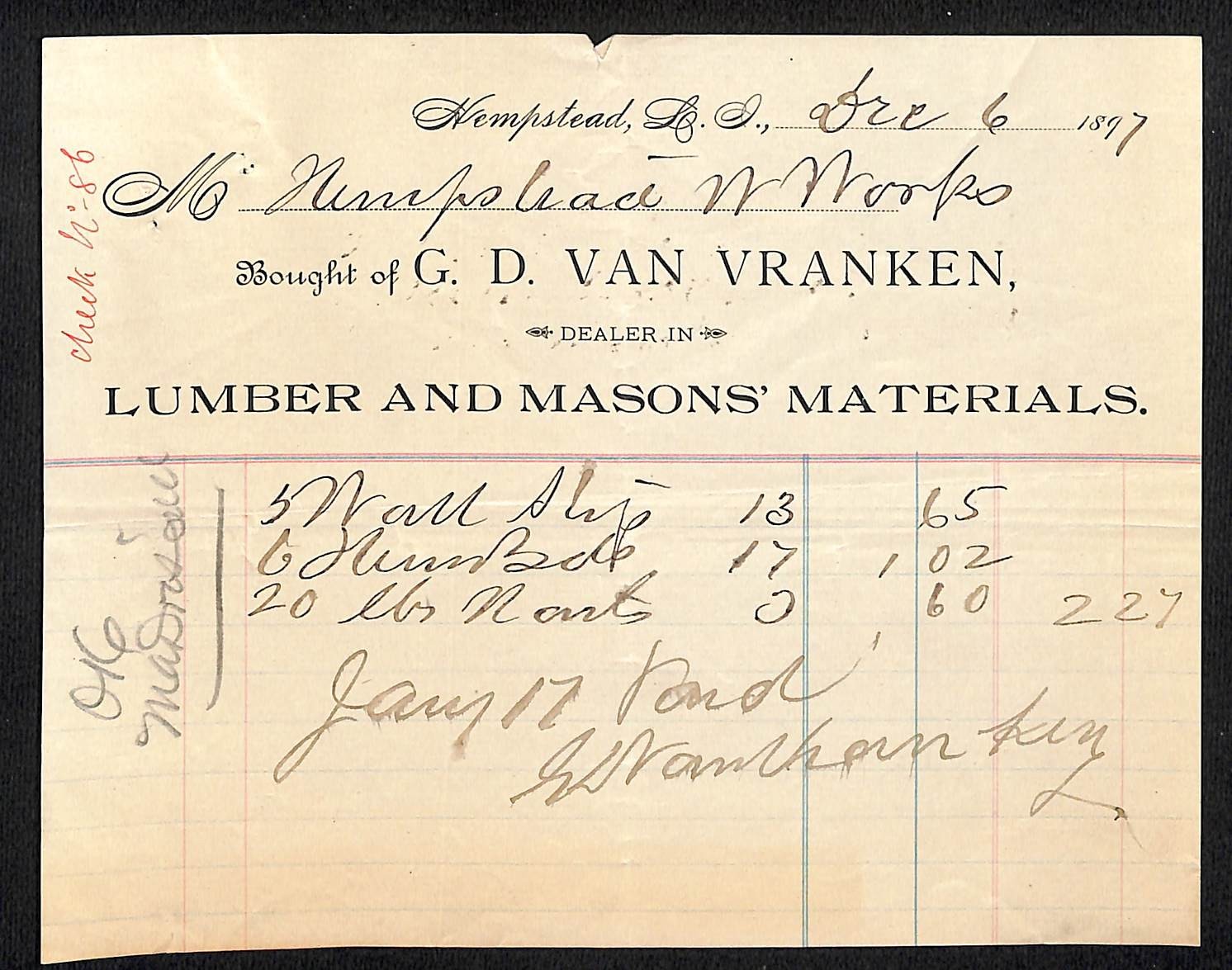 1897 G.D. Van Vranken Lumber / Masons' Materials Hempstead, NY Billhead