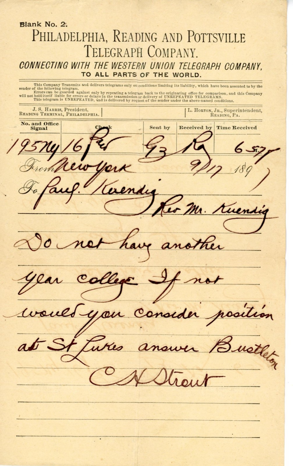1891 Philadelphia Reading & Pottsville Telegraph Co. Telegram to Paul Kruenig