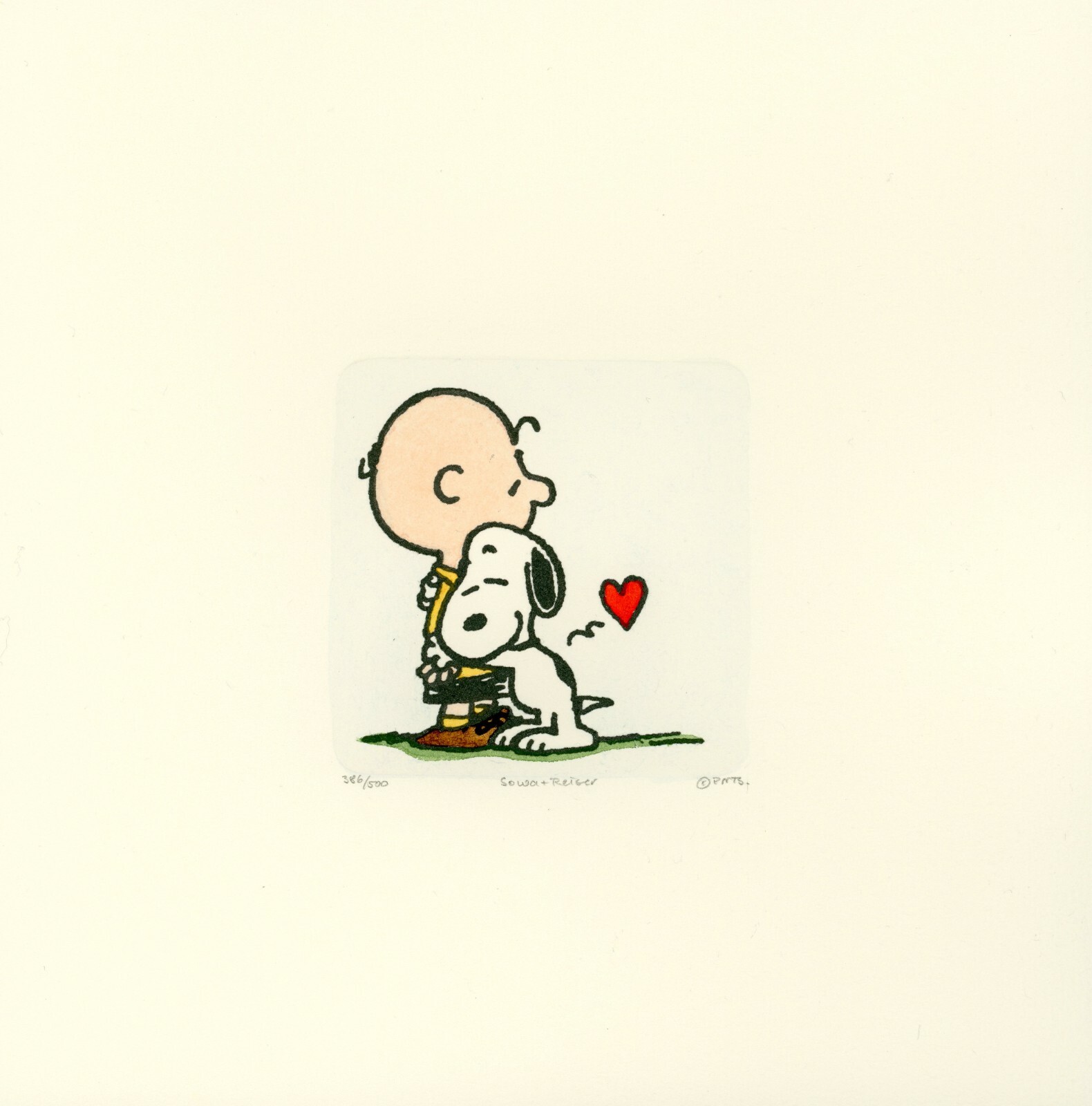 Snoopy + Charlie Brown Peanuts Sowa & Reiser #D/500 Hand Painted Etching Art Hug