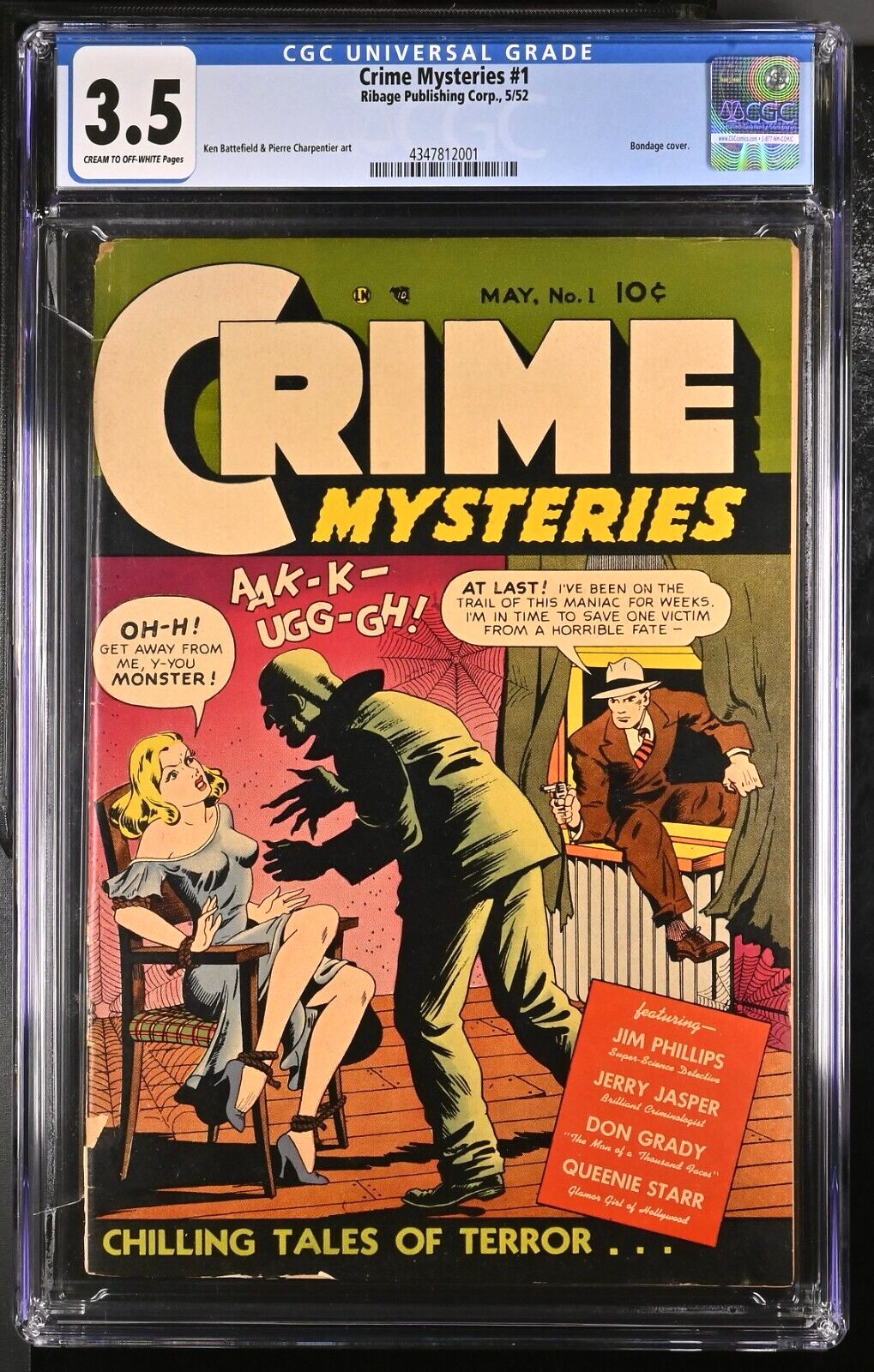 CRIME MYSTERIES #1 1952 CGC 3.5 🕵️💀 BONDAGE CVR, MAN IN DRAG, SCARCE 💀🕵️