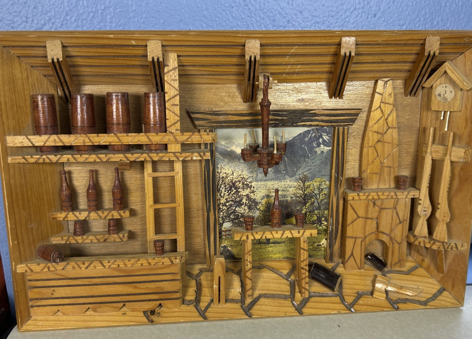 Vintage 3D Wood Carved Tavern Diorama Shadow Box Wall Art Mid Century Lodge Bar Vintage 3D Wood Carved Tavern Diorama Shadow Box Wall Art Mid Century Lodge Bar