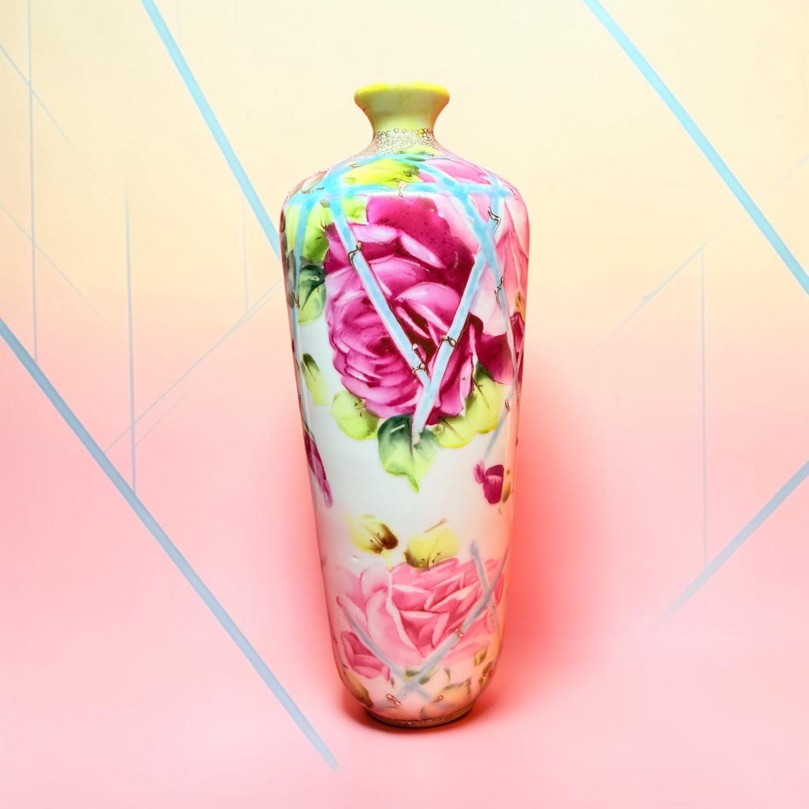 Hand-painted porcelain vase with pink roses