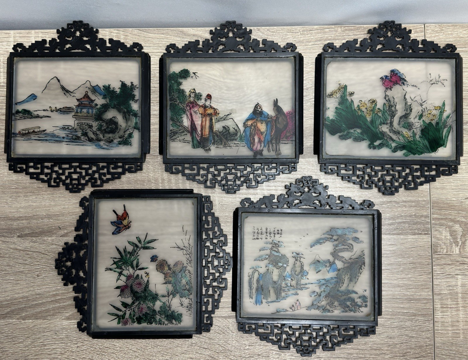 Vintage Chinese Reverse Painted Glass Wall Plaque Art Set of 5 Fretwork Frame