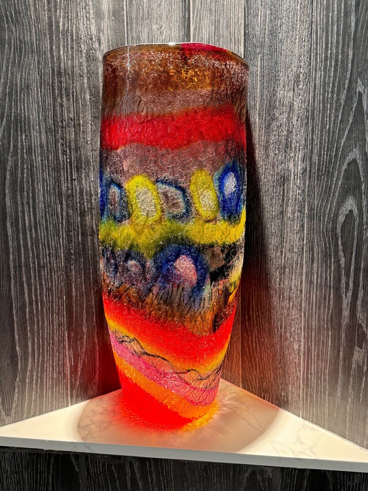 Murano glass vase with melted glass texture on the sides.   Colors are stunning