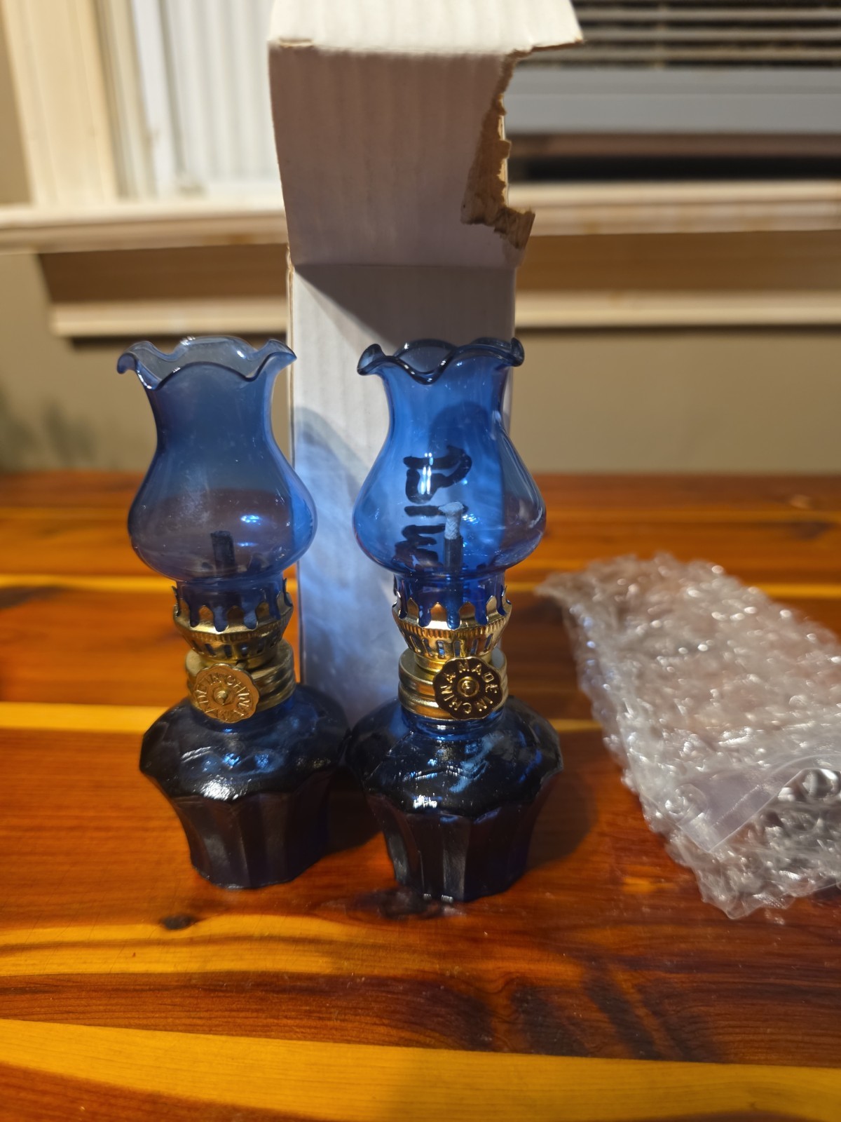 Pair Vintage Tiny Cobalt Blue Glass Miniature Oil Lamp Lot 4.5\