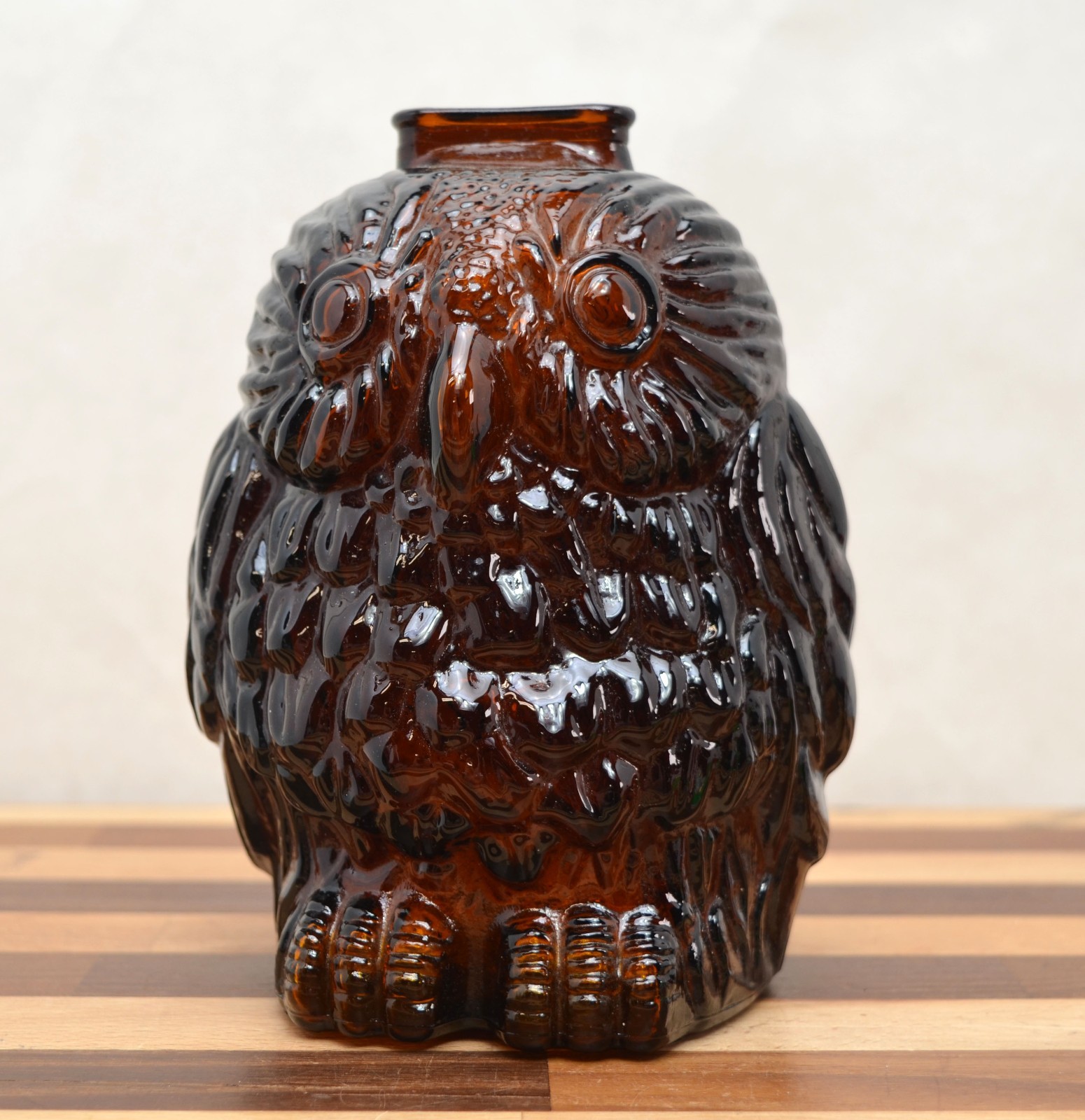 Vintage Owl MCM Glass Coin Bank Wise Old Owl Amber Brown Glass 6 1/2\
