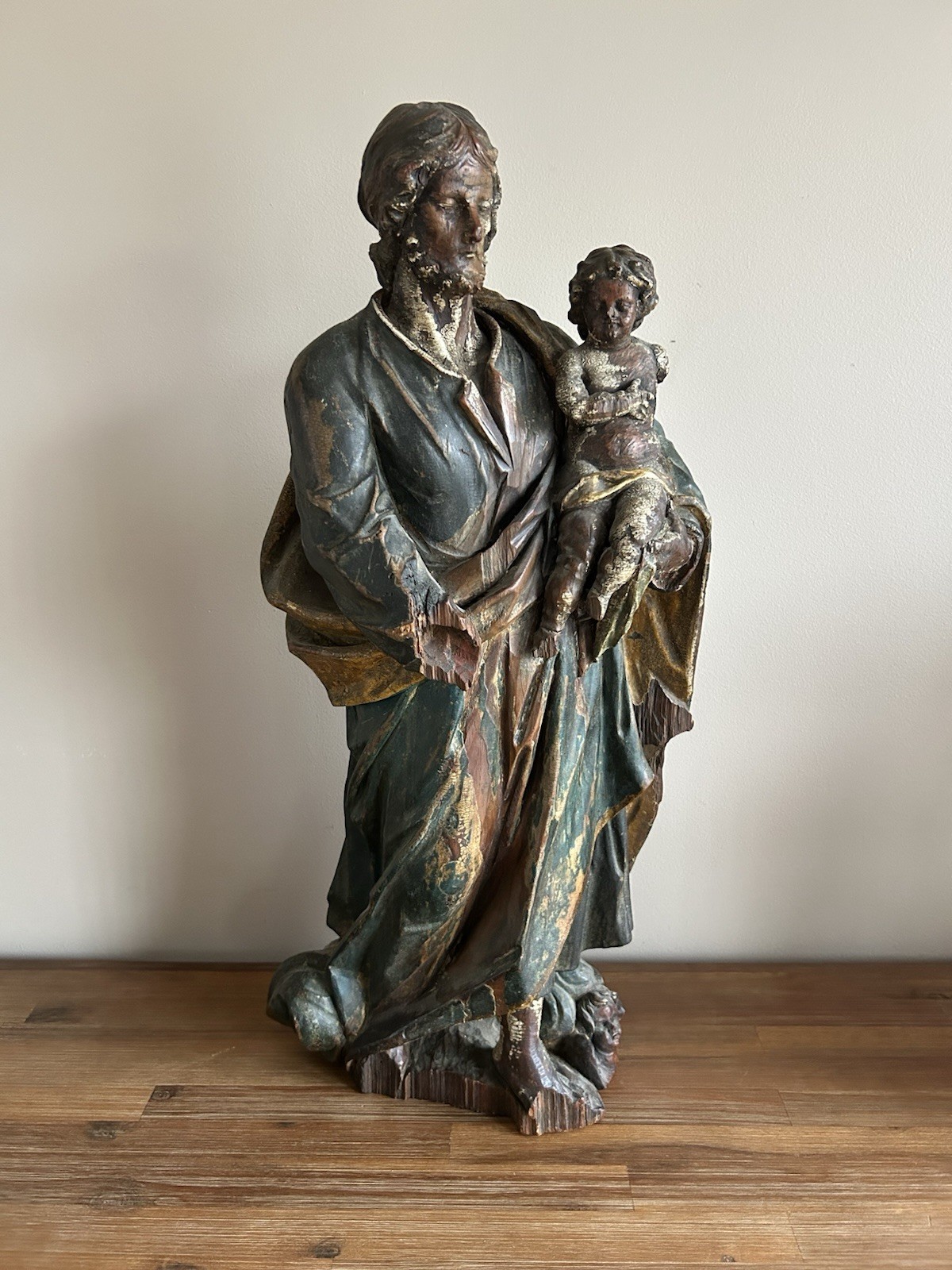 Large Early Antique 17th/18th Century Polychrome Carved Wood Statue Joseph Jesus