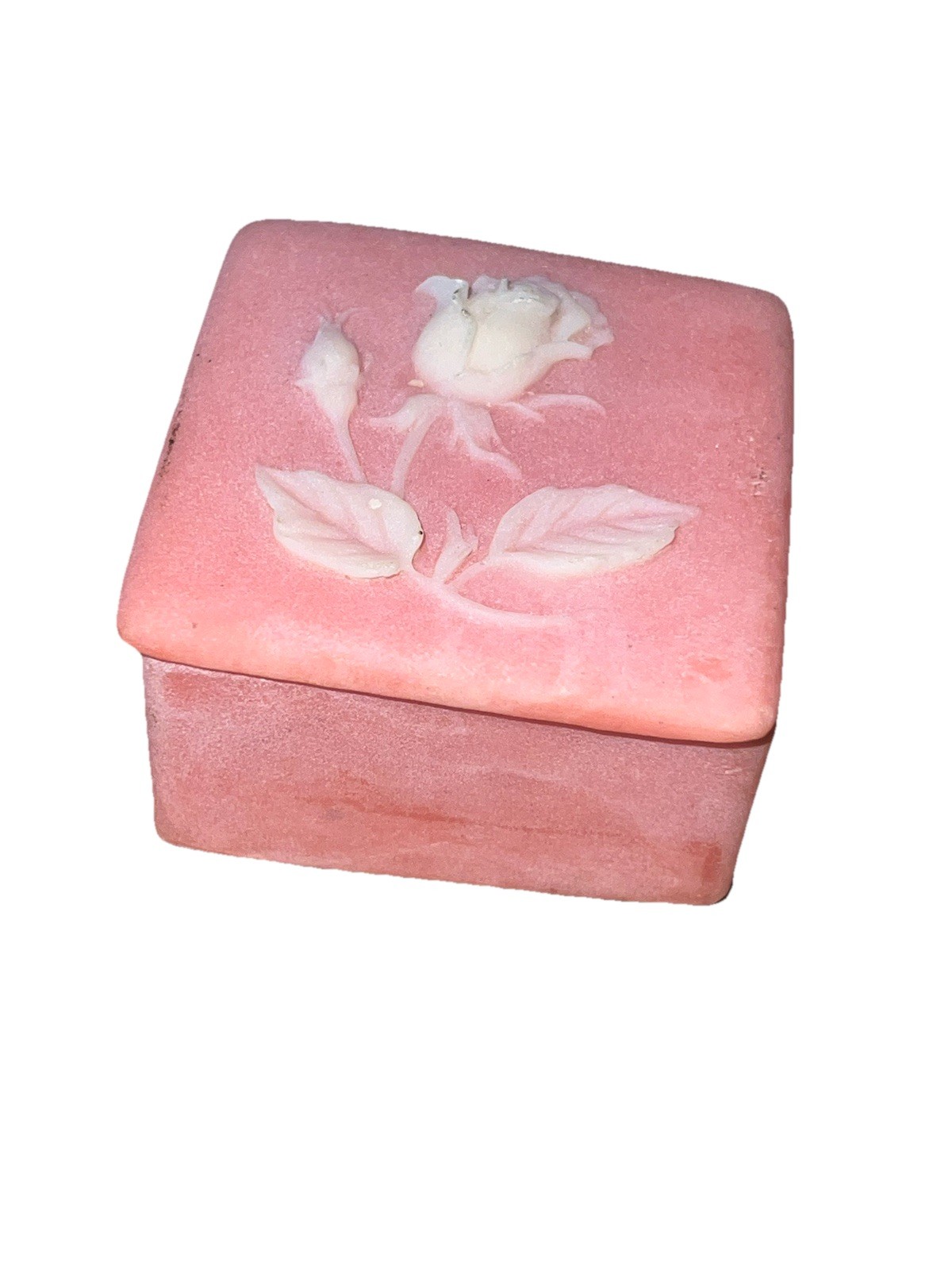 Incolay Jewelry Trinket Box Pink Soapstone White Flowers - Vintage